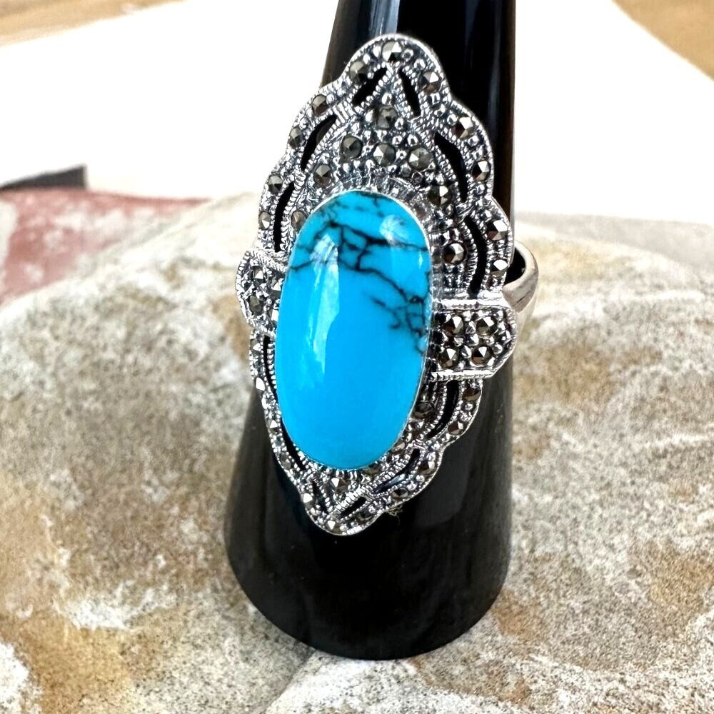 Sterling Silver Southwestern Marcasite Turquoise Ring 7 NEW 925 Tall